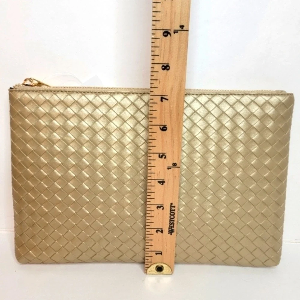 VIRGINIA WOLF‎ Faux Leather Clutch Mini Woven Pouch Gold Tassel Zip Top Make Up